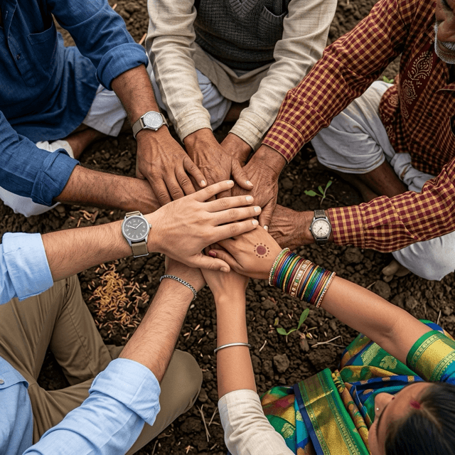 Diverse hands joining together in Indian agriculture