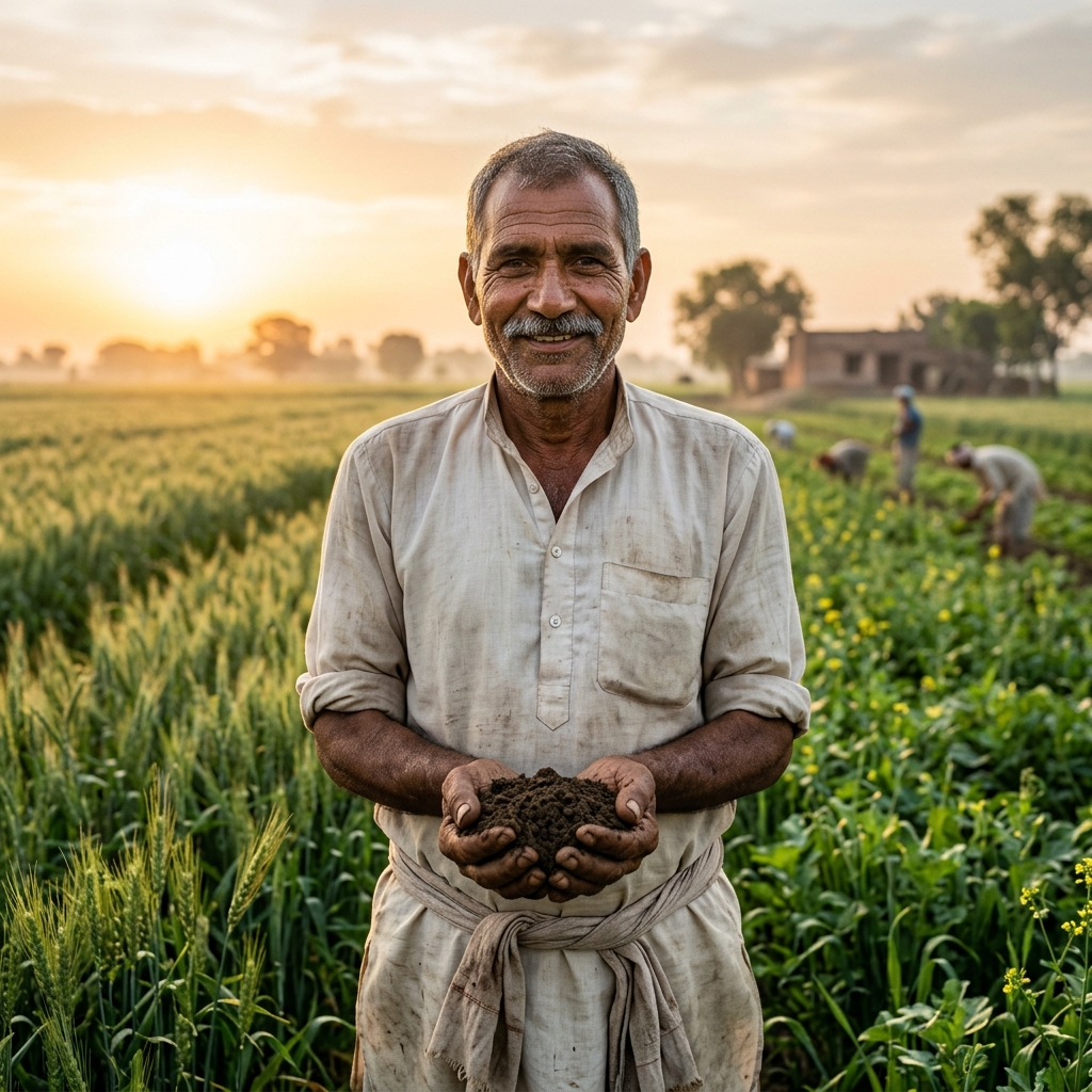 Dignified Indian farmer holding soil