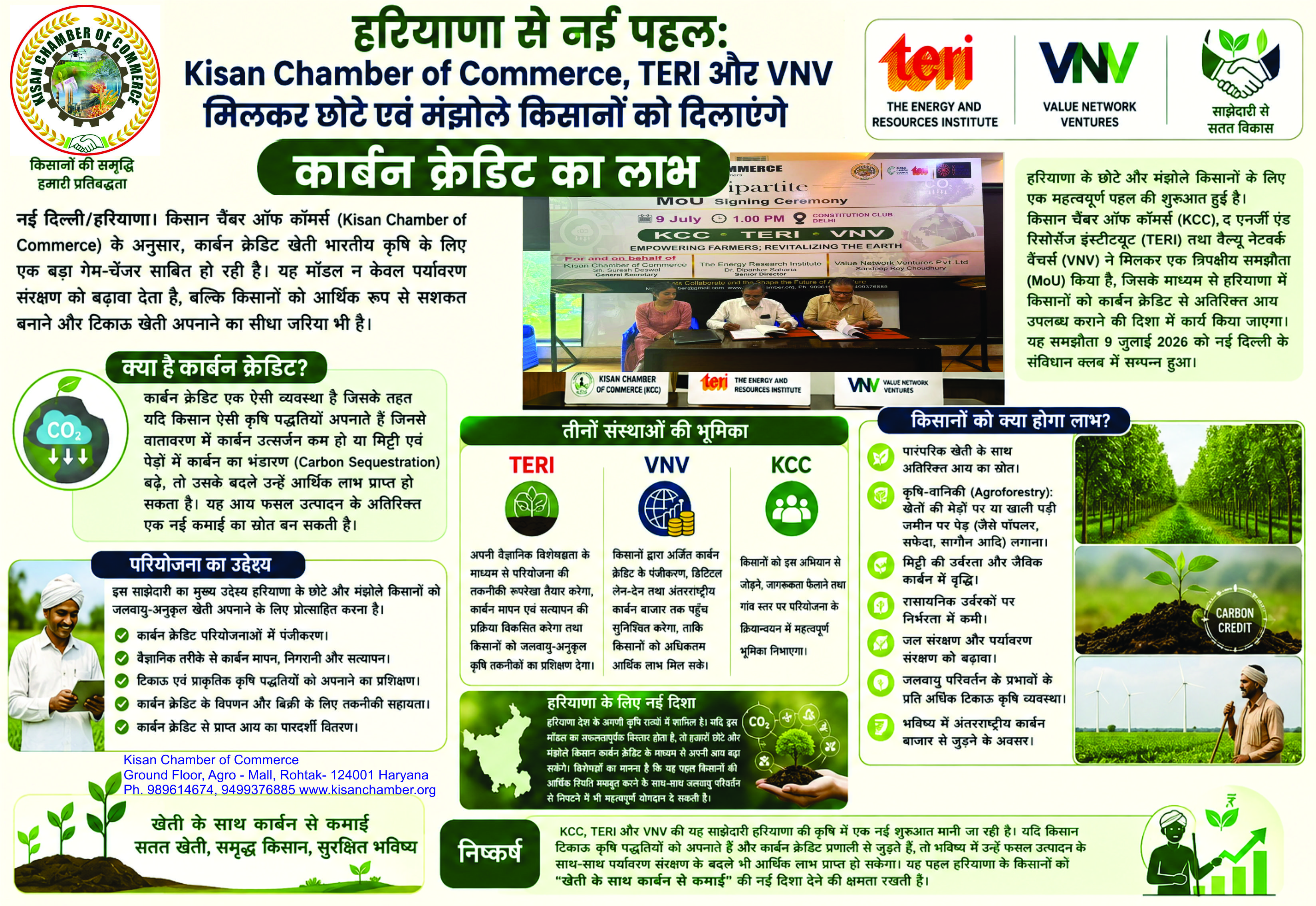 हरियाणा से नई पहल: किसान चैम्बर ऑफ़ कॉमर्स, TERI और VNV मिलकर छोटे एवं मंझोले किसानों को दिलाएंगे कार्बन क्रेडिट का लाभ.